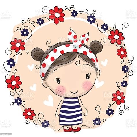 Cute Cartoon Girl And Flowers Stock Illustration