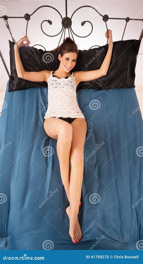 Pretty Woman Smiling Happy Restrained Handcuffs Wrought Iron Bed Stock Image Image Of Good