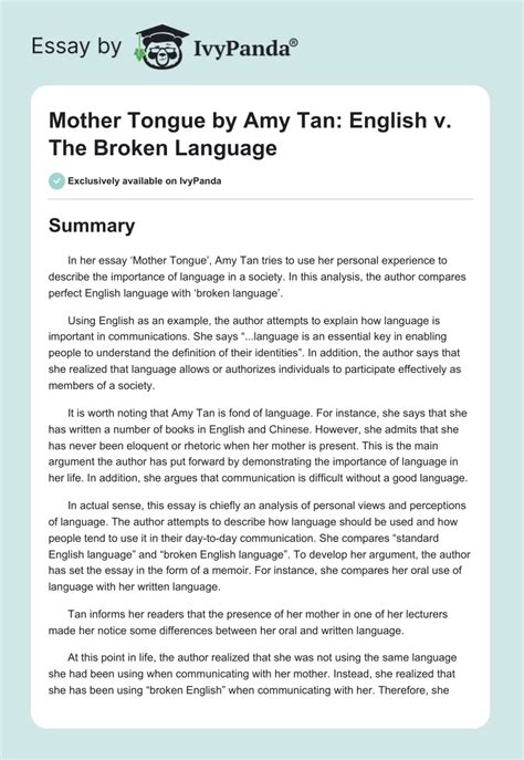 Mother Tongue By Amy Tan English V The Broken Language 823 Words
