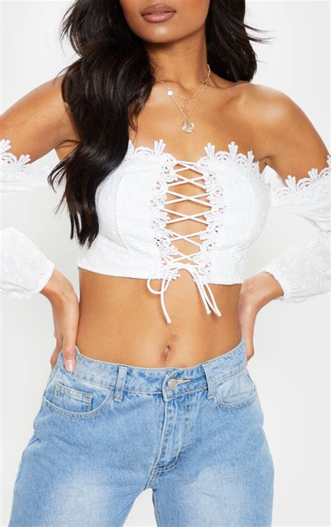 White Broderie Crochet Lace Up Bardot Crop Top Prettylittlething