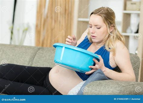 Pregnant Woman Holding Bowl Ready To Vomit Stock Image Image Of