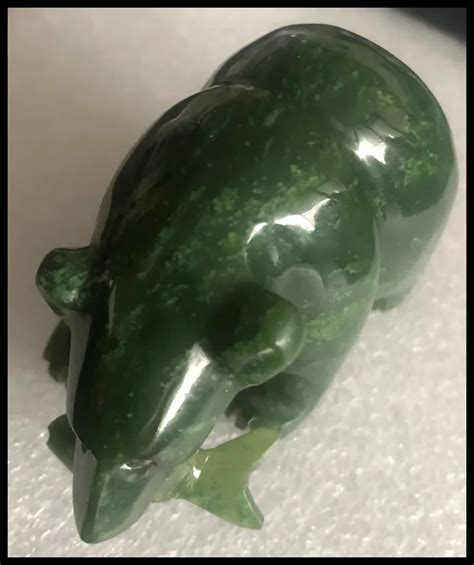 Vintage Carved Natural Spinach Green Nephrite Jade Bear With Fish