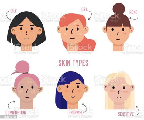 Set Of Skin Types And Differences Oily Dry Acne Combination Normal