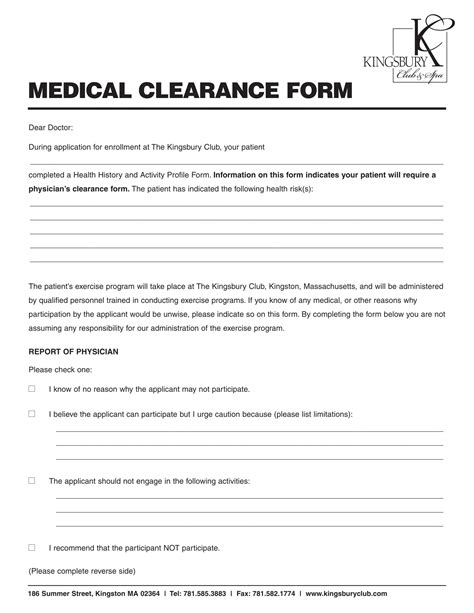 medical clearance form samples   ms word