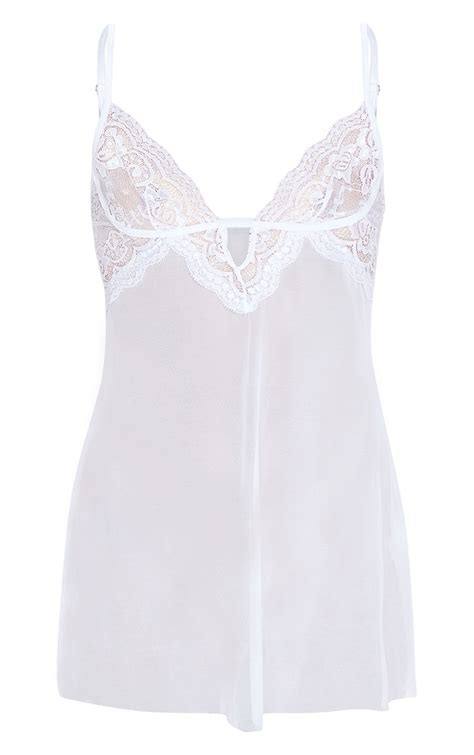 White Lace Embroided Mesh Babydoll Nightie Prettylittlething