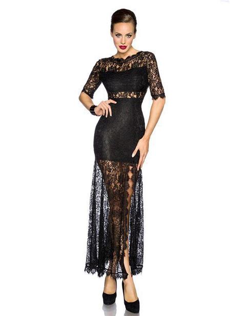 Women Black High Waist Ankle Length Long Dress Perspective Lace Elegent Vestidos Sexy Low Cut