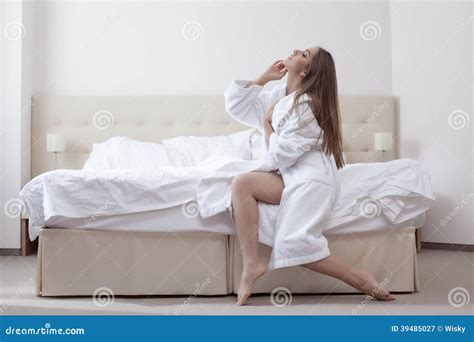 Curvy Slim Girl Sitting On Bed After Taking Shower Stock Image Image