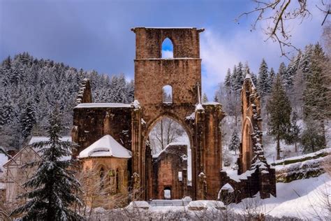 Black Forest In Winter All Saints Abbey And Waterfalls Sunset
