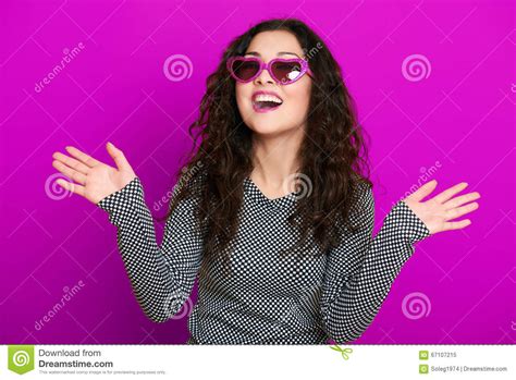 Beautiful Girl Glamour Portrait On Purple In Heart Shape Sunglasses