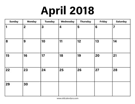 April 2018 Calendar Printable Old Calendars