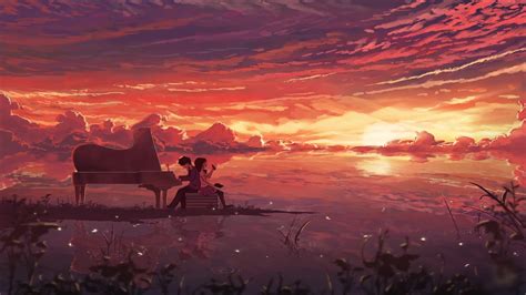Anime Couple Playing The Piano And Watching The Sunset Live Wallpaper