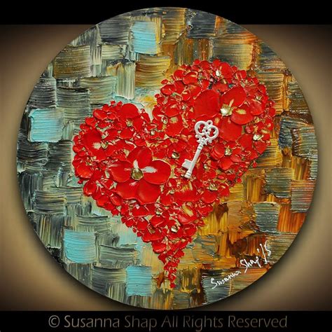 Original Abstract Thick Texture Blossoms Art Red Heart And Key Painting