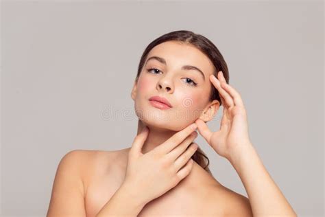 Beautiful Young Woman With Clean Fresh Skin Touch Own Face Stock Image Image Of Face Female