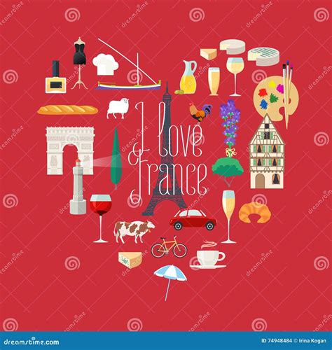 Travel To France Vector Icons Set In Heart Shape Stock Vector