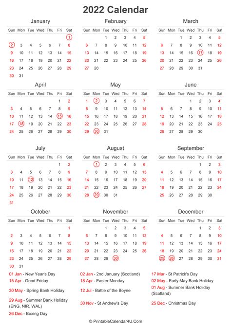 2022 Calendar With Uk Bank Holidays At Bottom Landscape 24 Calendar