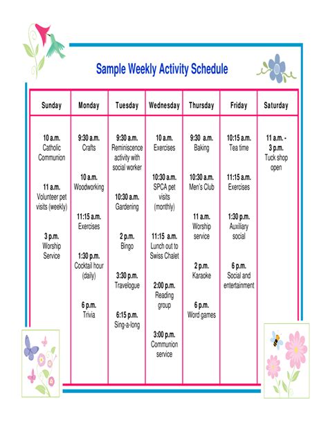 Fillable Online Sample Weekly Activity Schedule Fax Email Print Pdffiller