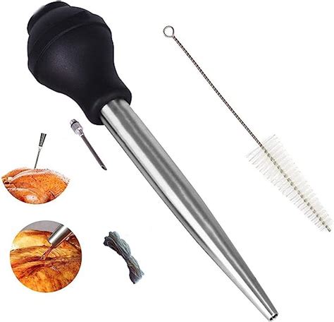 stainless steel turkey baster 4 piece set syringe needle with cleaning brush and natural cotton