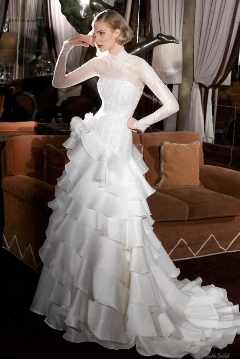 High Neck Long Sleeves Lace And Tiered Organza Wedding Dress 1983476