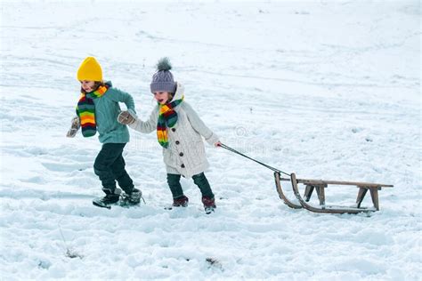 Winter Children With Sled Active Winter Outdoors Games Happy