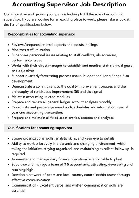 Accounting Supervisor Job Description Velvet Jobs