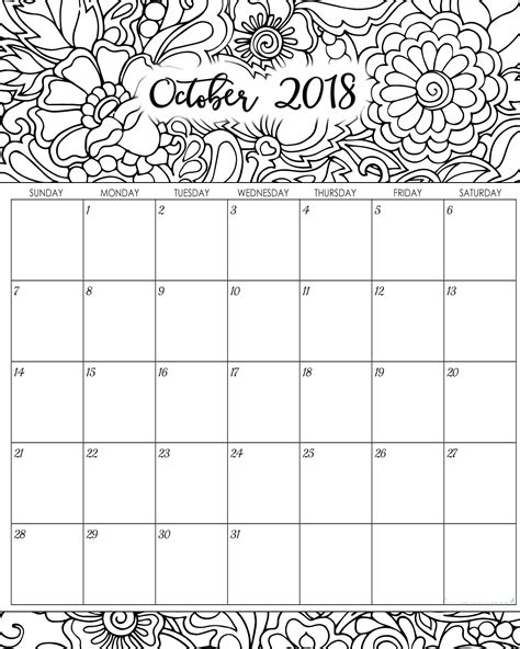 October 2018 Calendar Printable Coloring Page Oppidan Library