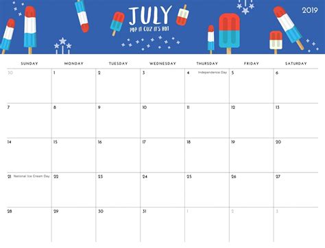 July Calendar Cute Customize And Print