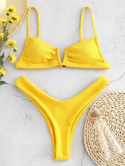 Zaful Ribbed V Wired High Leg Bikini Set Bright Yellow L High Leg