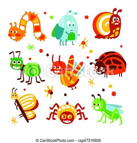 Cartoon Funny Insects And Bugs Set Colorful Collection Of Cute Insect