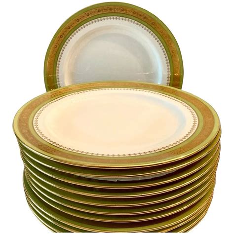 Set12 Stunning Circa 1910 Minton Green And Gold Encrusted Dinner