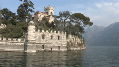 Castle On Loreto Island On Iseo Lake Italy Seen From A Wooden Vintage