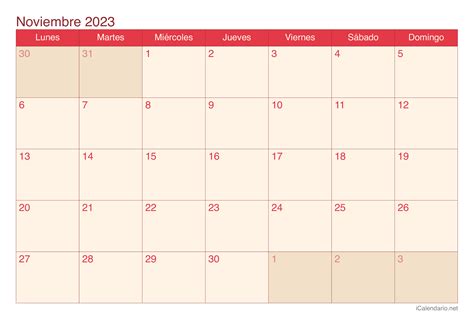 Calendario Noviembre 2023 Para Imprimir