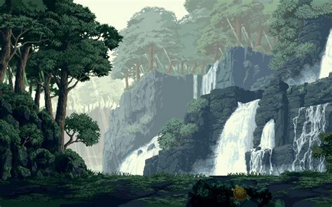 Pixel Art Forest Waterfall Hd Wallpapers Desktop And