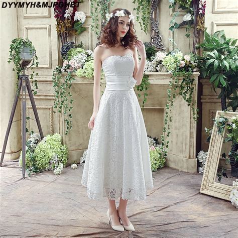 Buy Simple Short Lace Bridal Wedding Dresses Strapless Ankle Length Beach