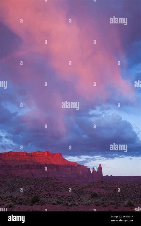 Colorful Storm Clouds And A Rainbow Over Wray Mesa And The Fisher Towers