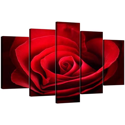 Extra Large Rose Canvas Wall Art 5 Panel In Red