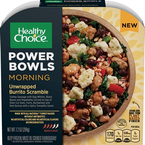 A light frozen dinner, with less than 300 calories and no more than 8 grams of fat; Healthy Choice Power Bowls Unwrapped Burrito Scramble ...