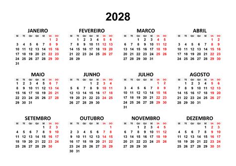 Calendário 2028 Calendarios365su
