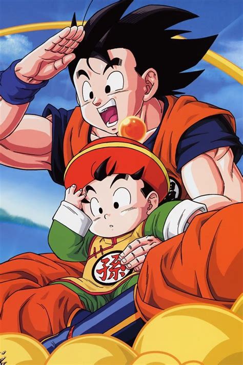 The Dragon And Son Gohan Are Flying Through The Air Together With One Being Hugged By Another