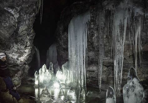 Ice Formations In A Lava Tube Crystal Cave At Lava Beds National
