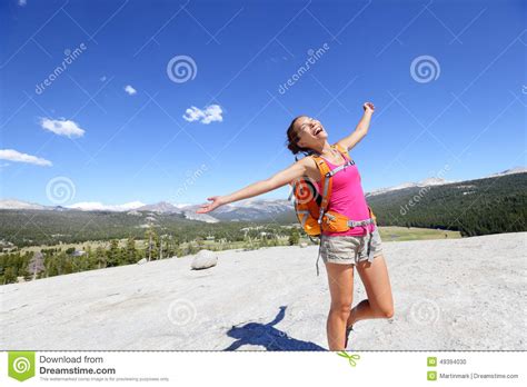 Happy Hiking Woman Dancing In Mountain Landscape Stock