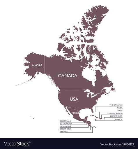 Detailed Map Of North America Continent With Name Vector Image