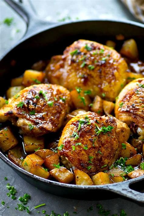 Remove the chicken from the skillet. Skillet Honey Garlic Chicken Thighs with Roast Potatoes