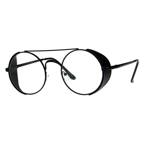 Mens Round Circle Lens Side Visor Metal Rim Retro Clear Lens Eye Glasses Black