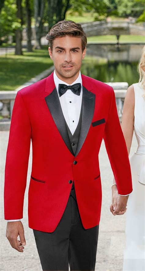 Men S Red Tuxedo With Black Satin Notch Lapel Mens Slim Fit Suits Groom