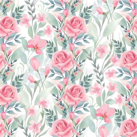 Seamless Floral Pattern With Pink Roses On Light Background Watercolor