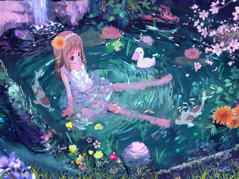 wallpapers nature anime girl peaceful bath cute forest little lotus 1024x768 bildideen bilder