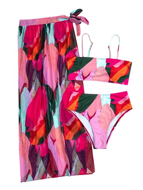 shein women s 3 pieces graphic bikini swimsuit and swimwear cover up beach skirt medium rose red