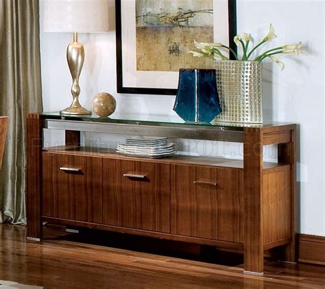 Contemporary Walnut Finish Dining Buffet Wclear Glass Top