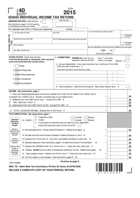 You can import it to your word processing software or simply print it. Fillable Form 40 - Idaho Individual Income Tax Return - 2015 printable pdf download