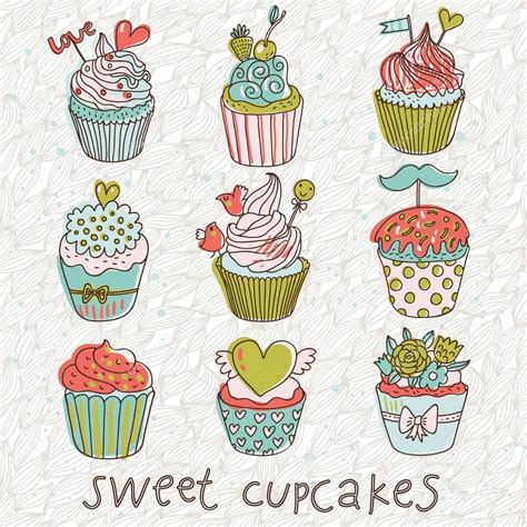 Sweet Cupcakes Vector Set Cartoon Tasty Cupcakes In Pastel Colors